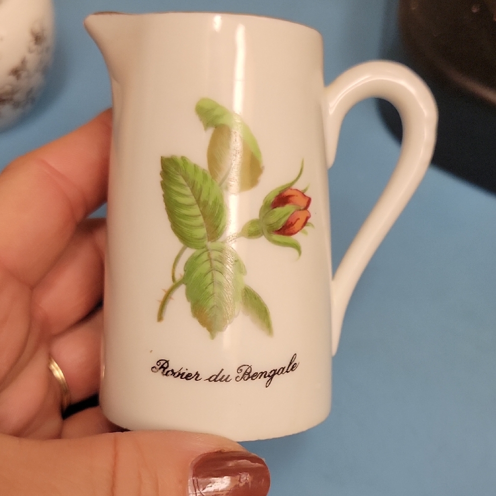 Limoges France Creamer Miniature Pitcher, W Rose And Gold Accents